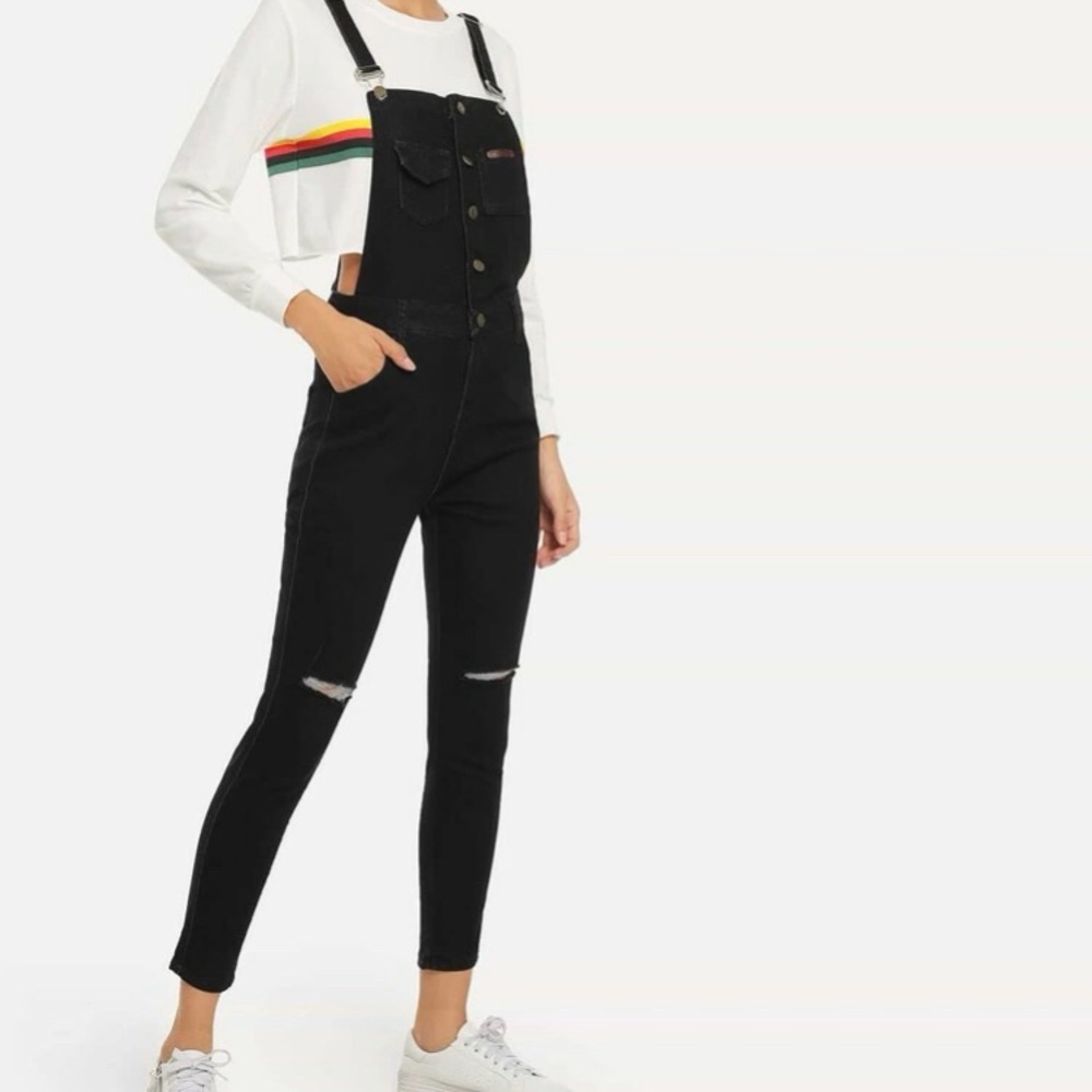 Ripped denim overalls